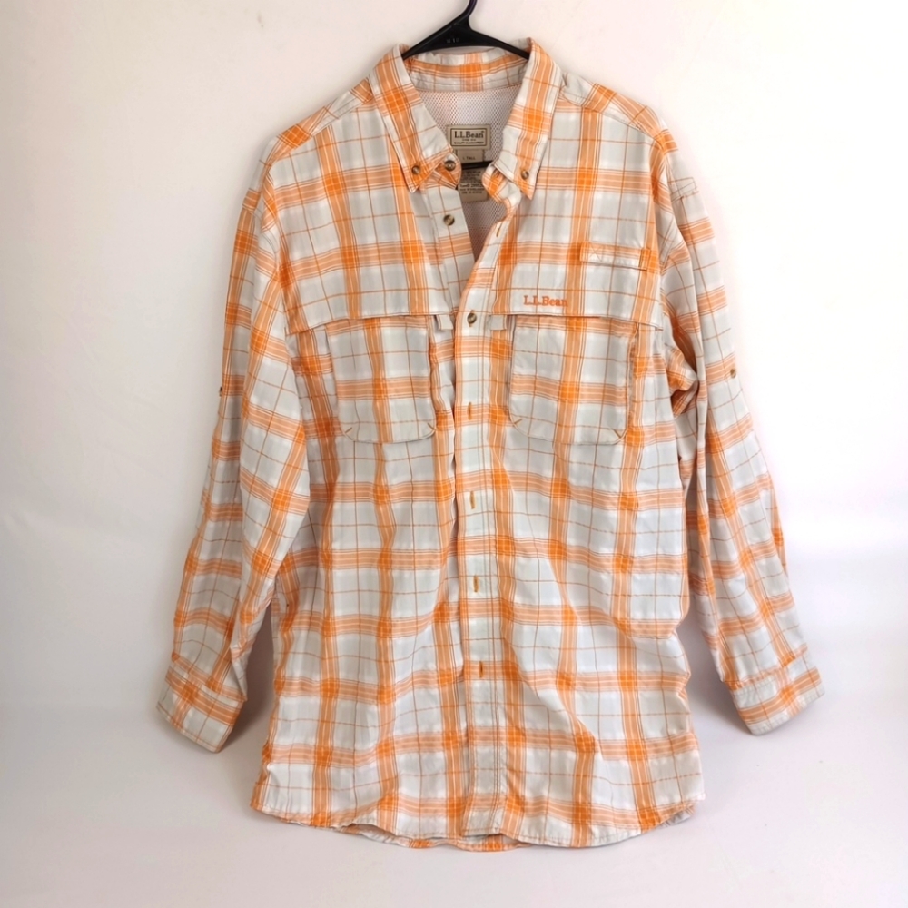 L.L. Bean Mens L Tall Vented Outdoors White and Orange Plaid Button Up Shirt